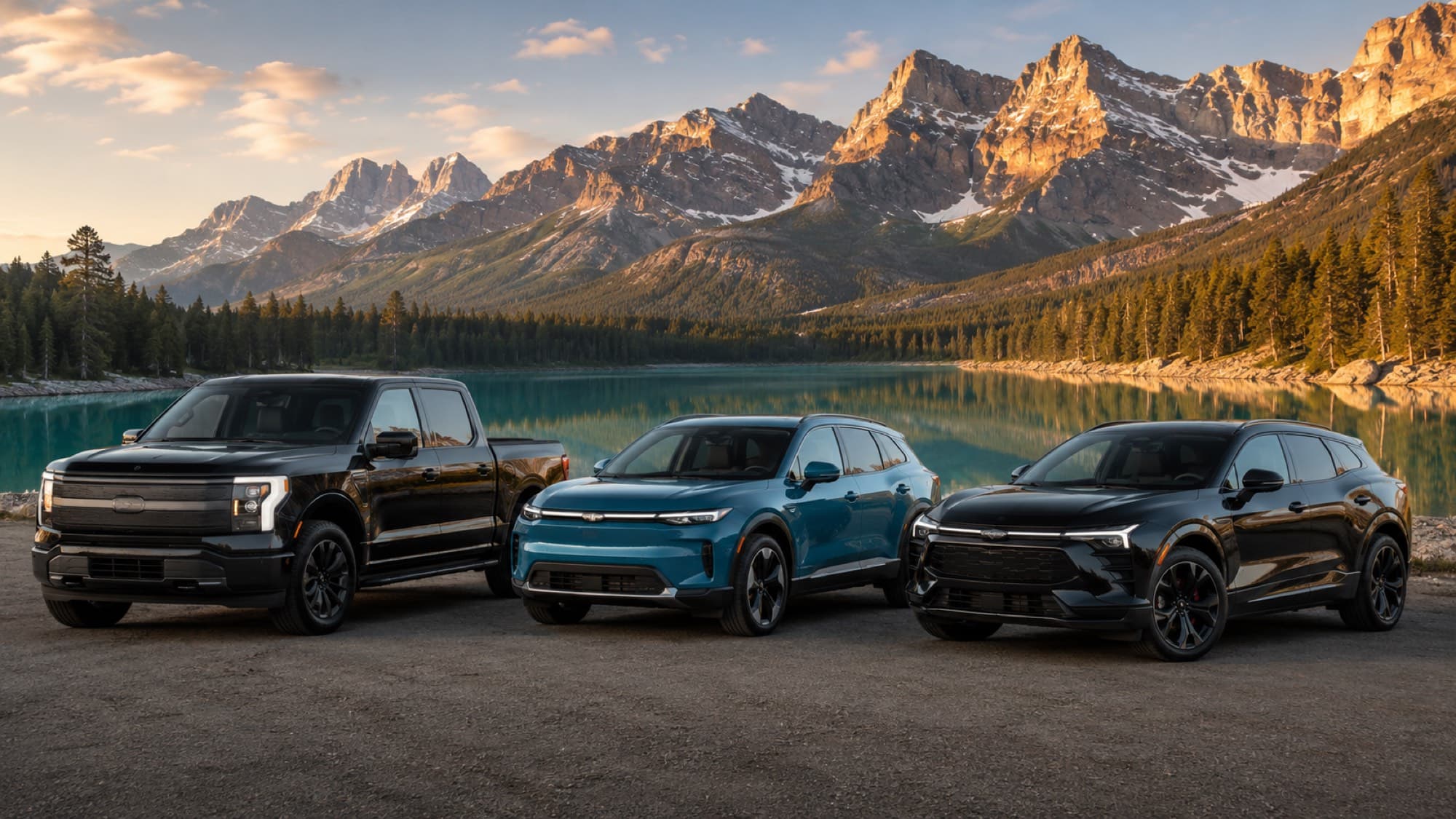 The Green Energy Transport fleet — a Ford F-150 Lightning, a Honda Prologue, and a Chevrolet Blazer EV at a lakeside mountain overlook.