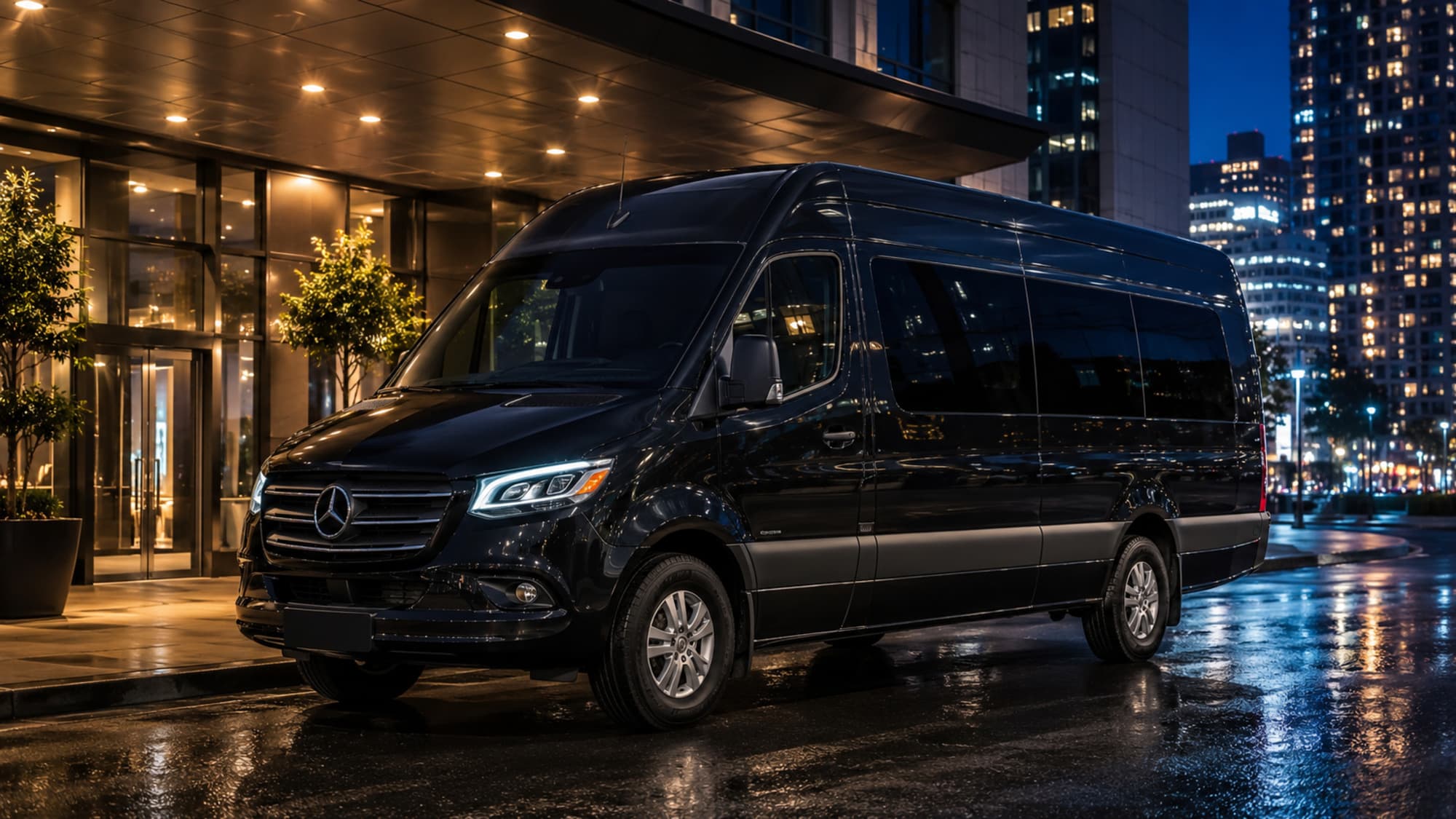 A black 2022 Mercedes-Benz Sprinter van at a city entrance at night