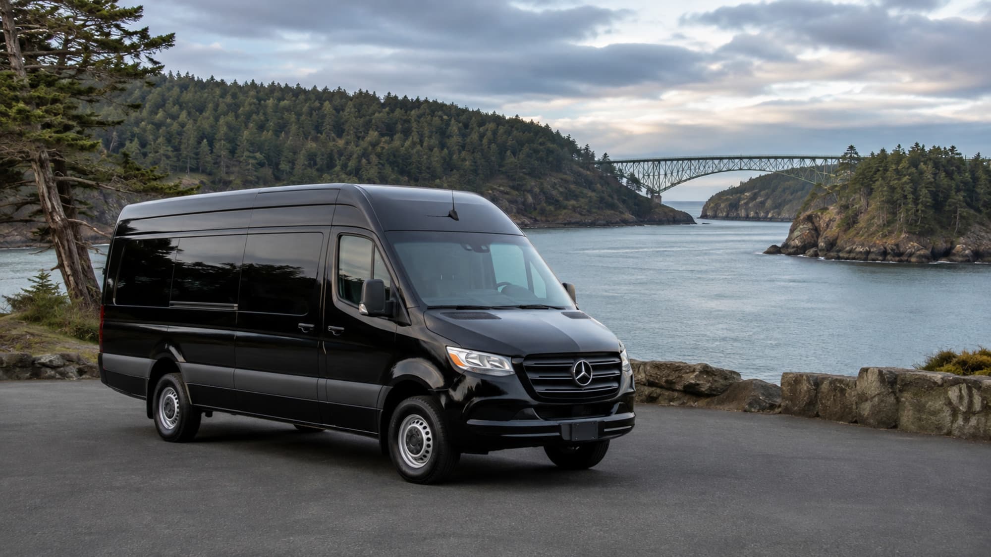The Sprinter parked above the water near Deception Pass bridge